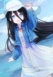 Rule 34 | 1girl, :d, absurdly long hair, absurdres, aqua halo, aris (blue archive), black hair, blue archive, blue eyes, blue jacket, blue sky, blush, bright pupils, cloud, cowboy shot, day, dress, dutch angle, hair between eyes, halo, hand on headwear, highres, jacket, long hair, looking at viewer, mikisai, open clothes, open jacket, open mouth, outdoors, rectangular halo, ringed eyes, sky, smile, solo, very long hair, white dress, white headwear, white pupils