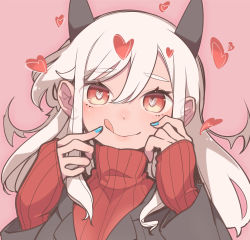 Rule 34 | blue nails, blush, closed mouth, demon horns, hair between eyes, heart, heart-shaped pupils, helltaker, highres, horns, kinakomoti, long hair, long sleeves, looking at viewer, modeus (helltaker), nail polish, pink background, red eyes, ribbed sweater, simple background, sleeves past wrists, smile, solo, sweater, symbol-shaped pupils, tongue, tongue out, turtleneck, turtleneck sweater, upper body, white hair