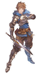 Rule 34 | 1boy, armor, armored boots, blue shirt, boots, breastplate, brown eyes, brown hair, brown pants, full body, gauntlets, gran (granblue fantasy), granblue fantasy, granblue fantasy versus, highres, holding, holding sword, holding weapon, looking back, male focus, messy hair, minaba hideo, official art, pants, shirt, short hair, simple background, smile, solo, sword, transparent background, weapon, white background