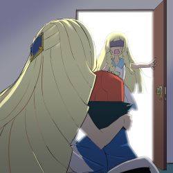Rule 34 | 2girls, age difference, ash ketchum, baseball cap, bedroom, black hair, blonde hair, blush, braid, caught, creatures (company), dress, game freak, hair ornament, hat, indoors, lillie (pokemon), long hair, lusamine (pokemon), meme, mature female, mother and daughter, multiple girls, mushi gyouza, nintendo, on bed, open door, open mouth, pokemon, pokemon (anime), pokemon sm (anime), precure netorare (meme), shaded face, surprised, sweatdrop, twin braids, very long hair