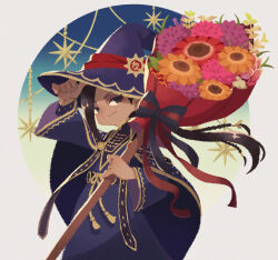 Rule 34 | 1boy, bamboo grass, blue eyes, blue hat, blue robe, bow, braid, broom, brown hair, closed mouth, eyelashes, flower, hat, holding, holding broom, jamil viper, long hair, long sleeves, male focus, pink flower, red flower, robe, smile, solo, tan, twisted wonderland, witch hat, yellow flower