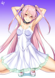 Rule 34 | 1girl, arms up, bare legs, bare shoulders, blush, breasts, collar, demon girl, dress, fangs, felicia (taimanin kurenai), flat chest, full body, highres, lc 7v2, long hair, looking at viewer, medium breasts, naughty face, pink hair, pointy ears, red eyes, shoes, smile, solo, squatting, taimanin (series), taimanin kurenai, taimanin rpgx, twintails, very long hair, white dress