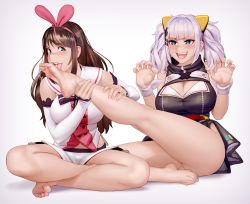 Rule 34 | 2girls, absurdres, animal ears, bare legs, bare shoulders, barefoot, blue eyes, blush, breasts, brown hair, claw pose, cleavage, cleavage cutout, clothing cutout, detached sleeves, fake animal ears, feet, full body, grey background, hairband, highres, indian style, kaguya luna, kairunoburogu, kizuna ai, kizuna ai inc., lace, lace-trimmed legwear, lace trim, large breasts, licking, licking foot, light purple hair, long hair, multicolored hair, multiple girls, no panties, open mouth, pink hair, pink hairband, sailor collar, short shorts, shorts, simple background, sitting, smile, soles, the moon studio, toes, tongue, virtual youtuber, white shorts, wristband, yuri