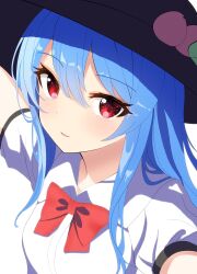 Rule 34 | black headwear, blue hair, bow, bowtie, breasts, collared shirt, create pride, food, fruit, highres, hinanawi tenshi, leaf hat ornament, parted lips, peach, peach hat ornament, puffy short sleeves, puffy sleeves, red bow, red bowtie, red eyes, shirt, short sleeves, sidelocks, simple background, small breasts, touhou, white background, white shirt