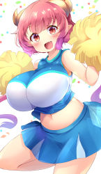 Rule 34 | 1girl, :d, alternate costume, aru (arudes), bare legs, bare shoulders, blue shirt, blue skirt, blush, bouncing breasts, breasts, cheerleader, confetti, cowboy shot, crop top, curled horns, dragon girl, dragon horns, fang, hands up, happy, highres, holding, holding pom poms, horns, huge breasts, ilulu (maidragon), impossible clothes, impossible shirt, kobayashi-san chi no maidragon, leg up, looking at viewer, matching hair/eyes, midriff, miniskirt, navel, open mouth, pointy ears, pom pom (cheerleading), pom poms, red eyes, red hair, shirt, short hair, simple background, skirt, sleeveless, sleeveless shirt, slit pupils, smile, solo, standing, standing on one leg, white background