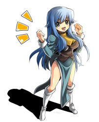 Rule 34 | 1girl, arms up, blue hair, boots, breasts, full body, green eyes, large breasts, long hair, open mouth, shadow, solo, sylpheed, white background, yui tooru, zero no tsukaima