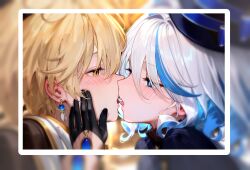 Rule 34 | 1boy, 1girl, aether (genshin impact), black gloves, blonde hair, blue eyes, blush, earrings, eye contact, french kiss, furina (genshin impact), genshin impact, gloves, hand on another&#039;s face, jewelry, kiss, looking at another, multicolored hair, short hair, shuimonianhua, two-tone hair, white hair, yellow eyes