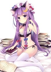 Rule 34 | 1girl, animal ears, bikini, black bikini, blue bow, book, bow, breasts, cat ears, cleavage, closed mouth, commentary, crescent, crescent hair ornament, full body, hair bow, hair ornament, hat, highres, holding, holding book, long hair, looking at viewer, medium breasts, medium hair, mob cap, patchouli knowledge, purple eyes, purple hair, red bow, ruhika, simple background, solo, swimsuit, thighhighs, touhou, white background, white hat, white thighhighs