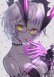 Rule 34 | 1girl, 90kyuuri, breasts, colored skin, fate/grand order, fate (series), glasses, glowing, glowing hand, grey hair, grey skin, horns, jacques de molay (foreigner) (fate), jacques de molay (foreigner) (third ascension) (fate), licking, licking finger, medium breasts, tongue, tongue out, yellow eyes