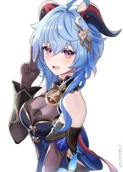 Rule 34 | 1girl, :d, ahoge, bare shoulders, blue dress, blue hair, breasts, commentary, detached sleeves, dress, ganyu (genshin impact), ganyu (twilight blossom) (genshin impact), genshin impact, gloves, hair ornament, hand up, highres, horns, large breasts, long hair, long sleeves, looking at viewer, luckplz, official alternate costume, open mouth, purple eyes, smile, solo, upper body, v