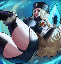 Rule 34 | 1girl, ass, black gloves, black panties, blonde hair, blue eyes, blue light, boots, breasts, cleavage, coat, fur hat, fur trim, gloves, hat, highres, huge ass, ice, kolin, large breasts, lips, long hair, panties, rhydwyn, solo, street fighter, street fighter v, thick thighs, thighhighs, thighs, underwear, upskirt, ushanka, wavy hair, winter clothes, winter coat, zettai ryouiki
