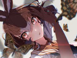 Rule 34 | 1girl, animal ears, arm up, brown gloves, brown hair, bug, butterfly, dutch angle, elbow gloves, european hare (kemono friends), gloves, grey hair, hair between eyes, hand up, highres, insect, kemono friends, looking at viewer, medium hair, multicolored hair, parted lips, rabbit ears, red eyes, sarutori, shirt, short sleeves, two-tone hair