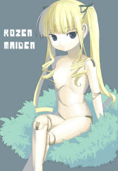 Rule 34 | 00s, 1girl, b-ginga, blonde hair, blue background, doll, doll joints, grass, joints, leaf, nude, rozen maiden, shinku, simple background, solo