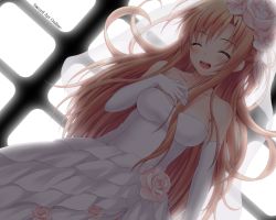 Rule 34 | 10s, 1girl, :d, ^ ^, asuna (sao), bare shoulders, blush, breasts, bridal veil, brown hair, closed eyes, copyright name, dress, dutch angle, elbow gloves, closed eyes, female focus, gloves, happy, jewelry, korotan, large breasts, long hair, necklace, open mouth, pearl necklace, smile, solo, strapless, strapless dress, sword art online, veil, wedding dress, white gloves