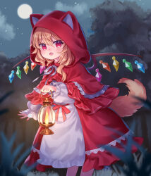 1girl animal_ears blonde_hair crystal dress fang flandre_scarlet forest holding holding_lantern hood hoodie lantern looking_at_viewer mimi_(mimi_puru) moon multicolored_wings nature night night_sky open_mouth red_eyes red_hoodie red_nails side_ponytail skin_fang sky tail touhou white_dress wings wolf_ears wolf_tail