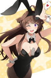 Rule 34 | 1girl, ahoge, alternate costume, animal ears, between breasts, black leotard, black pantyhose, breasts, brown hair, card, cleavage, detached collar, double bun, fake animal ears, fake tail, hair bun, hand on own hip, highres, holding, kantai collection, kongou (kancolle), large breasts, leotard, long hair, money, nel-c, one eye closed, open mouth, pantyhose, playboy bunny, playing card, purple eyes, rabbit ears, rabbit tail, sidelocks, simple background, solo, tail, w, wrist cuffs