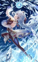 Rule 34 | ahoge, artist name, bare shoulders, bell, black gloves, black legwear, blue hair, bow, breasts, chinese knot, detached sleeves, flower knot, full body, ganyu (genshin impact), genshin impact, gloves, gold trim, highres, horns, ice shard, light smile, long hair, looking at viewer, low ponytail, medium breasts, neck bell, orb, pokira, purple eyes, qilin (mythology), red rope, rope, signature, solo, tassel, thighlet, vision (genshin impact), waist cape, white sleeves
