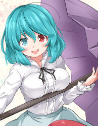 1girl black_ribbon blue_eyes blue_hair blue_skirt blush breasts commentary heterochromia highres holding holding_umbrella huyusilver long_hair long_sleeves looking_at_viewer neck_ribbon open_mouth purple_umbrella red_eyes ribbon shirt skirt smile solo tatara_kogasa tongue tongue_out touhou umbrella white_shirt