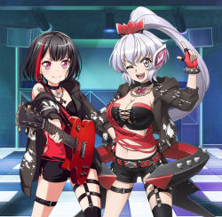 Rule 34 | 2girls, alternate hairstyle, bang dream!, black hair, breasts, cleavage, commentary, crossover, dai-swapper, english commentary, fingerless gloves, gloves, guitar, hair ornament, high ponytail, instrument, jewelry, kneehighs, large breasts, long hair, mitake ran, multicolored hair, multiple girls, navel, necklace, one eye closed, open mouth, pink eyes, senki zesshou symphogear, short hair, shorts, socks, stage, streaked hair, teeth, torn clothes, upper teeth only, white hair, yukine chris