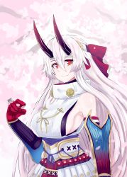 Rule 34 | 1girl, armor, armpits, b.d, bare shoulders, breasts, closed mouth, fate/grand order, fate (series), hair between eyes, hair ribbon, headband, highres, horns, japanese armor, japanese clothes, large breasts, long hair, looking at viewer, oni horns, red eyes, ribbon, sideboob, silver hair, smile, solo, tomoe gozen (fate), upper body, very long hair