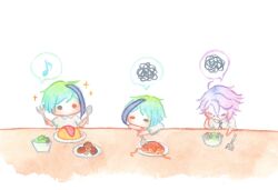 Rule 34 | 3boys, azul ashengrotto, blue hair, chibi, floyd leech, food, glasses, green hair, heterochromia, highres, jade leech, kirakira huuuki, male focus, multiple boys, omelet, omurice, orange eyes, painting (medium), pasta, purple hair, scribble, short hair, simple background, spaghetti, table, traditional media, twisted wonderland, watercolor (medium), white background