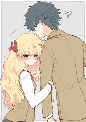 Rule 34 | 1boy, 1girl, ?, azumi (myameco), black hair, blonde hair, blue eyes, closed mouth, commentary request, embarrassed, ereshkigal (fate), fate/grand order, fate (series), fujimaru ritsuka (male), grey background, hair ribbon, long hair, long sleeves, red eyes, red ribbon, ribbon, school uniform, short hair, simple background, trembling, white sleeves