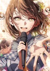 Rule 34 | 1girl, brown hair, check commentary, collar, commentary, commentary request, dripping, floating hair, flower, flying sweatdrops, hair flower, hair ornament, hair ribbon, highres, holding, holding microphone, idol, idol clothes, lips, looking at viewer, messy hair, microphone, multiple views, music, narumi nanami, open mouth, original, outstretched arm, plaid, ribbon, school uniform, serious, singing, smile, sparkle, sparkle background, sparkling sweat, sweat, sweatdrop, tears, upper body, very sweaty, white ribbon, yellow eyes, yellow flower