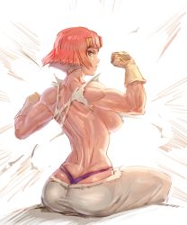 Rule 34 | 10s, 1girl, arms up, ass, back, bow (bhp), breasts, clenched hand, closed mouth, female focus, from behind, gloves, hands up, injury, koutetsujou no kabaneri, large breasts, looking at viewer, looking back, muscular, muscular female, panties, pants, pink hair, purple eyes, purple panties, scratches, serious, shirt, short hair, sideboob, simple background, sitting, solo, thong, torn clothes, torn shirt, underwear, whale tail (clothing), white background, white gloves, white pants, yellow gloves, yukina (kabaneri)
