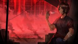 Rule 34 | 1girl, bandaged arm, bandages, bandaid, bandaid on face, bandaid on hand, black pants, black shirt, brown hair, cigarette, ear piercing, game cg, highres, holding, holding cigarette, horns, limbus company, muscular, muscular female, nai ga, official art, outdoors, outis (project moon), pants, piercing, project moon, scar, scar on arm, scar on neck, shirt, short hair, sidelocks, smoke, smoking, solo, standing, watch, wristwatch