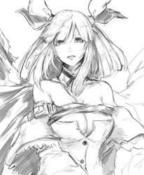 Rule 34 | 1girl, bare shoulders, belt, breasts, buttons, choker, cleavage, cleavage cutout, clothing cutout, collarbone, dizzy (guilty gear), eyelashes, greyscale, guilty gear, guilty gear xrd, hair between eyes, hair ribbon, hair rings, large breasts, lips, looking at viewer, monochrome, open mouth, re (re 09), ribbon, sketch, solo, twintails, upper body, wings