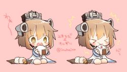 Rule 34 | &gt; &lt;, + +, 1girl, :t, ^^^, brown eyes, brown hair, chibi, closed eyes, closed mouth, commentary request, dress, earrings, eating, food, hair between eyes, headgear, holding, holding food, jewelry, kantai collection, long sleeves, multiple views, onigiri, pink background, seiza, simple background, sitting, sleeves past wrists, speaking tube headset, translation request, wavy mouth, white dress, wishbone, yukikaze (kancolle)