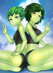 Rule 34 | 2girls, ass, back-to-back, bare shoulders, bird, black shorts, black tank top, blue eyes, blush, breasts, cloud, colored skin, commission, fang, from side, green eyes, green skin, grin, hand on own thigh, happy, highres, large breasts, looking at viewer, midriff, monster girl, multiple girls, navel, original, outdoors, pearl aureyama, plant girl, plant hair, short shorts, shorts, siblings, sisters, sitting, sky, smile, tank top, thighs, twilight, v, vanu aureyama, wet, xiaodi