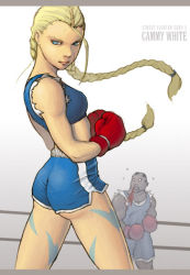 Rule 34 | 1boy, 1girl, ass, balrog (street fighter), blonde hair, blood, blue eyes, boxing, boxing gloves, boxing ring, braid, cammy white, capcom, cosplay, crop top, dark-skinned male, dark skin, gradient background, long hair, looking at viewer, nosebleed, serious, short hair, short shorts, shorts, simple background, solo focus, street fighter, street fighter zero (series), twin braids
