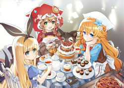 Rule 34 | :d, absurdres, animal, animal ears, animal hands, animal hood, apron, black ribbon, blonde hair, blue dress, blue flower, blurry, blurry background, blush, bow, box, braid, breasts, brown bow, brown gloves, brown hair, brown skirt, cake, cleavage, cloak, closed mouth, collared dress, collared shirt, cup, curtsey, dress, fake animal ears, flower, food, frilled apron, frills, gloves, green eyes, hair between eyes, hair flower, hair ornament, hair ribbon, hat, highres, hitsuji hiko (mareep15), holding, holding cup, hood, hood up, hooded cloak, interlocked fingers, long hair, looking at viewer, looking back, maid apron, mononobe alice, nijisanji, open mouth, otogibara era, paw gloves, puffy short sleeves, puffy sleeves, red bow, red cloak, ribbon, shirt, short sleeves, single braid, sitting, skirt, smile, solo, tea party, teacup, teapot, twin braids, very long hair, virtual youtuber, warabeda meiji, white apron, white flower, white hat, white shirt
