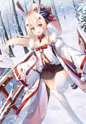 Rule 34 | 1girl, :d, ayanami (azur lane), ayanami (pulse of the new year) (azur lane), azur lane, black skirt, bow, branch, collarbone, commentary request, detached collar, fox, fur collar, fur trim, gemini (feng), hair bow, hair ornament, hair ribbon, hairclip, headgear, long hair, looking at viewer, mask, mask on head, off shoulder, official alternate costume, open mouth, orange eyes, platinum blonde hair, pleated skirt, ponytail, retrofit (azur lane), ribbon, sidelocks, skirt, smile, snow, snowing, solo, standing, standing on one leg, thighhighs, tree, white thighhighs, wide sleeves, zettai ryouiki