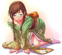 Rule 34 | 1girl, all fours, brown hair, clala, e20, glasses, japanese clothes, kimono, quiz magic academy, solo, twintails, yellow eyes