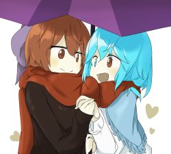 Rule 34 | 2girls, :d, blue eyes, blue hair, bow, capelet, eye contact, face-to-face, hair bow, heart, heterochromia, holding hands, looking at another, multiple girls, open mouth, red eyes, red hair, red scarf, scarf, sekibanki, shared clothes, shared scarf, shared umbrella, short hair, smile, tatara kogasa, touhou, tyouseki, umbrella, yuri