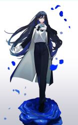 Rule 34 | 1girl, ado (utaite), black bow, black bowtie, black coat, black footwear, black hair, black pants, blue eyes, blue flower, blue hair, blue rose, bow, bowtie, chando (ado), closed mouth, cloud nine inc, coat, collared shirt, colored inner hair, commentary, dress shirt, falling petals, floating hair, flower, flower brooch, full body, gloves, gongonbe, hair between eyes, hand on own chest, highres, long hair, long sleeves, looking at viewer, mole, mole under eye, multicolored hair, open clothes, open coat, pants, petals, rose, shirt, solo, symbol-only commentary, two-tone hair, utaite, white gloves, white shirt