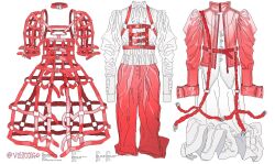 Rule 34 | artist name, ascot, belt, belt buckle, belt collar, buckle, buttons, chest belt, clothes only, collar, collared shirt, commentary, dress, frilled dress, frills, jacket, leather, leather jacket, long dress, long sleeves, medium dress, multiple belts, no humans, original, pants, puffy short sleeves, puffy sleeves, red belt, red dress, red jacket, red pants, red sleeves, red theme, see-through, see-through jacket, shirt, short sleeves, simple background, sleeveless, sleeveless dress, spaghetti strap, studded belt, symbol-only commentary, too many, too many belts, vertigowitch, vest, white ascot, white background, white dress, white shirt, white vest, wrinkled fabric