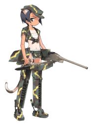 Rule 34 | 1girl, animal ears, backpack, bag, black hair, camouflage, cat ears, cat tail, crop top, digital bs tuners, fanny pack, flat chest, front-tie top, fundoshi, grey eyes, gun, hat, holding, imperial japanese army, japanese clothes, konami mecha musume, looking at viewer, looking back, mecha musume, midriff, military, military vehicle, motor vehicle, navel, one-piece tan, open clothes, open shirt, original, profile, sarashi, shimada fumikane, shirt, short hair, simple background, solo, standing, tail, tan, tank, tanline, tied shirt, type 95 ha-go, vehicle, weapon, world war ii