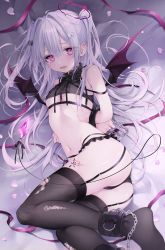 Rule 34 | 1girl, absurdres, ankle cuffs, arms behind back, ass, bdsm, blush, bondage, bound, bound arms, breasts, demon girl, demon wings, frilled shirt collar, frills, from above, hair ornament, halo, highres, hoju rura, indie virtual youtuber, leg tattoo, legs, lingerie, long hair, looking at viewer, lying, mashiro shiki, navel, no shoes, on side, open mouth, pink eyes, ribs, small breasts, solo, stomach, tattoo, thighhighs, torn clothes, torn thighhighs, underboob, underwear, virtual youtuber, white hair, wings