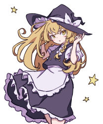 Rule 34 | 1girl, absurdres, apron, black dress, blonde hair, bow, braid, breasts, broom, broom riding, buttons, dress, frilled dress, frills, hair bow, hand on headwear, hat, hat bow, highres, kame (kamepan44231), kirisame marisa, long hair, medium breasts, medium skirt, one-hour drawing challenge, puffy sleeves, short sleeves, side braid, simple background, single braid, skirt, solo, star (symbol), touhou, waist apron, white background, white bow, witch hat, yellow eyes