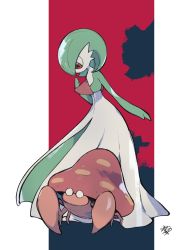 Rule 34 | absurdres, brown eyes, colored skin, commentary, gardevoir, gen 1 pokemon, gen 3 pokemon, green hair, hand up, highres, leaning forward, looking down, parasect, pillarboxed, pokemon, pokemon (creature), red background, signature, symbol-only commentary, toukashi (2tou9), white skin