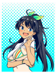 Rule 34 | 1girl, bikini, black hair, blue eyes, blush, breast hold, breasts, clothes lift, diagonal-striped bikini, diagonal-striped clothes, fang, ganaha hibiki, halftone, idolmaster, idolmaster (classic), inoue kiyoshirou, large breasts, lifting own clothes, long hair, looking at viewer, one-piece tan, open mouth, ponytail, shirt lift, smile, solo, striped bikini, striped clothes, swimsuit, tan, tanline, underboob