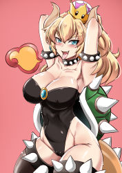 Rule 34 | &gt;:d, &gt;:p, 1girl, :d, :p, absurdres, armlet, armpits, arms behind back, arms behind head, arms up, black leotard, black thighhighs, blonde hair, blue eyes, blue gemstone, blush, bowsette, breasts, brown horns, cleavage, collar, collarbone, covered erect nipples, covered navel, crown, fang, female focus, fire, gem, hair between eyes, highleg, highleg leotard, highres, horns, impossible clothes, impossible leotard, large breasts, legband, leotard, long hair, looking at viewer, mario (series), monster girl, new super mario bros. u deluxe, nintendo, open mouth, pink background, ponytail, shell, simple background, smile, solo, spiked armlet, spiked collar, spiked legband, spiked shell, spiked tail, spikes, standing, strapless, strapless leotard, super crown, tail, thighhighs, tongue, tongue out, turtle shell, virusotaku