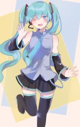 Rule 34 | 1girl, ;d, absurdres, bare shoulders, black footwear, black skirt, black sleeves, blue eyes, blue hair, blue necktie, blush, boots, breasts, collared shirt, commentary, detached sleeves, dress shirt, feet out of frame, grey shirt, hand up, hatsune miku, head tilt, headphones, headset, heremia, highres, long hair, long sleeves, looking at viewer, necktie, one eye closed, open mouth, pleated skirt, shirt, skirt, sleeveless, sleeveless shirt, small breasts, smile, solo, standing, standing on one leg, symbol-only commentary, teeth, thigh boots, tie clip, twintails, upper teeth only, very long hair, vocaloid