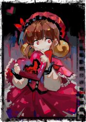 Rule 34 | 1girl, bell, brown hair, capelet, chinese commentary, frilled hat, frills, hat, hat bell, hat ribbon, heart, highres, holding, holding heart, koririco, laetitia (project moon), lobotomy corporation, long sleeves, neck ribbon, no nose, project moon, red capelet, red eyes, red hat, red ribbon, red skirt, red vest, ribbon, shirt, short hair, skirt, solo, vest, white shirt
