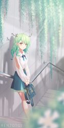Rule 34 | absurdres, against railing, antlers, bag, bare legs, braid, branch, breasts, ceres fauna, flower, green hair, hair flower, hair ornament, highres, hololive, hololive english, horns, large breasts, leaf, leaning, long sleeves, looking at viewer, looking to the side, medium hair, outdoors, petite, plant, railing, renzotgj, skirt, smile, stairs, sunlight, virtual youtuber, wavy hair, yellow eyes
