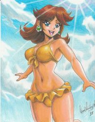 Rule 34 | 1girl, 2018, artist name, bikini, blue eyes, breasts, cleavage, day, earrings, flower earrings, grin, highres, jewelry, mario (series), navel, nintendo, open mouth, princess daisy, ravernclouk design, red hair, shiny skin, smile, sun, super mario land, swimsuit, thighs, tomboy