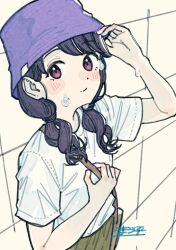 Rule 34 | 1girl, bag, black hair, commentary request, fukumaru koito, hair over shoulder, hat, highres, idolmaster, idolmaster shiny colors, looking at viewer, low twintails, paayan (hagakinorock54), purple eyes, purple hat, shirt, short sleeves, shoulder bag, solo, sweat, swept bangs, t-shirt, twintails, white shirt